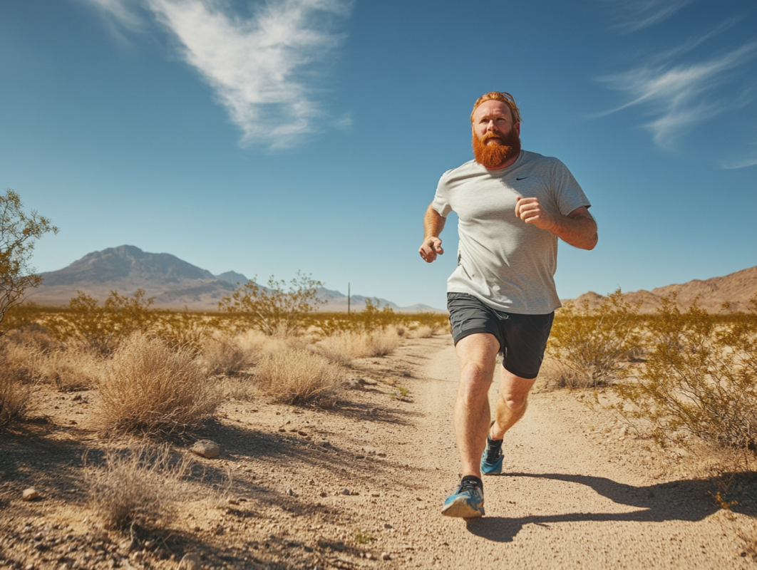 red haired man running through mojave
