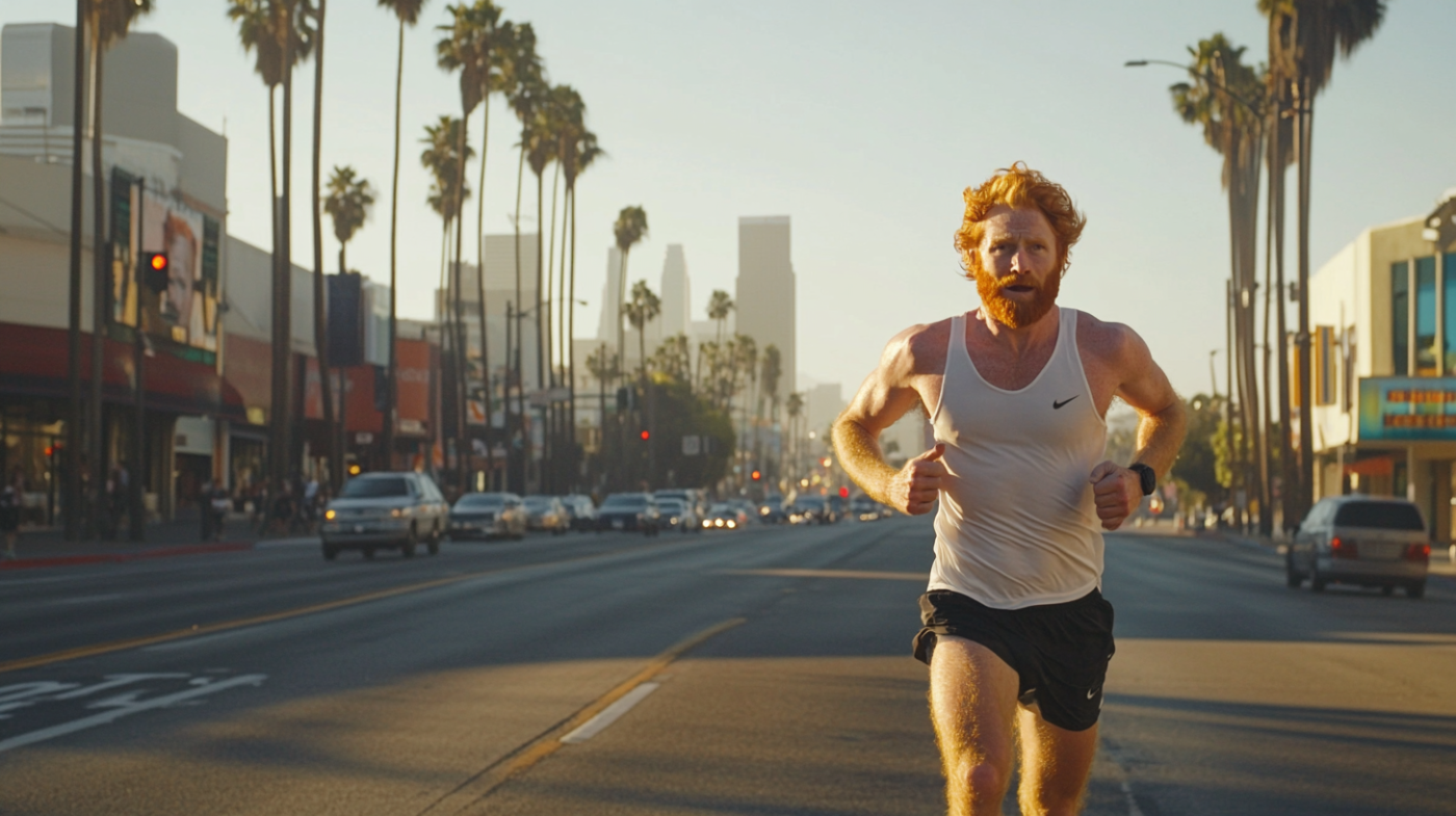red haired male runner in Los Angeles streets