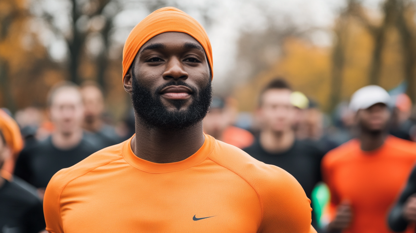 runner in orange sports top and beanie